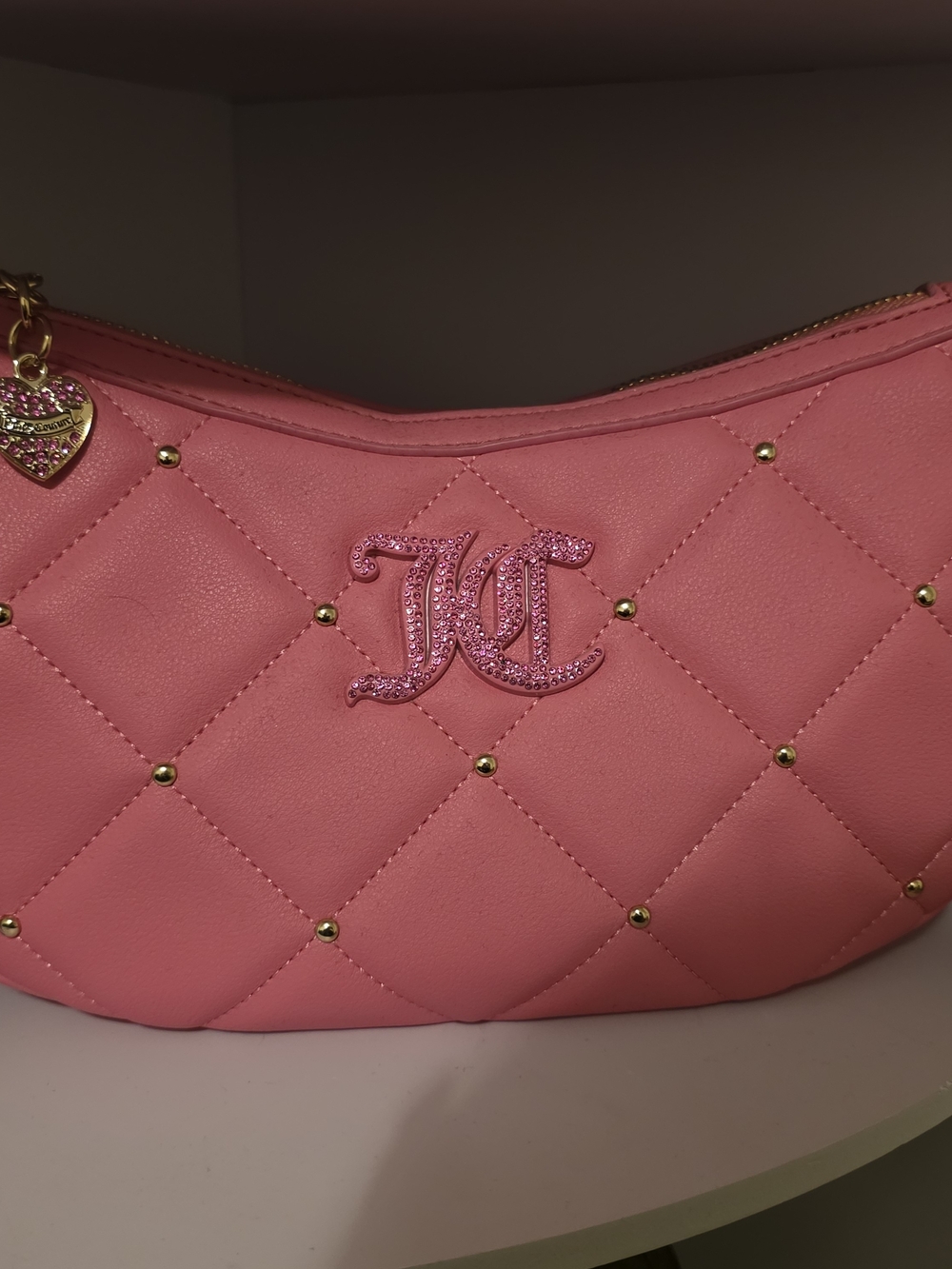 Quilted Pink Women's Shoulder Bag with Crystal Logo Accent